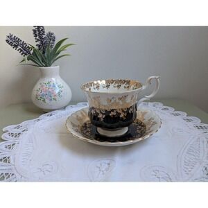 Royal Albert Regal Series Teacup and Saucer, Black and Gold Bone China Tea Cup